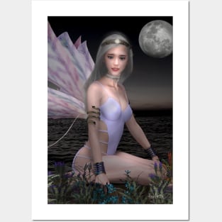 Fairy in moonlight by the sea Posters and Art